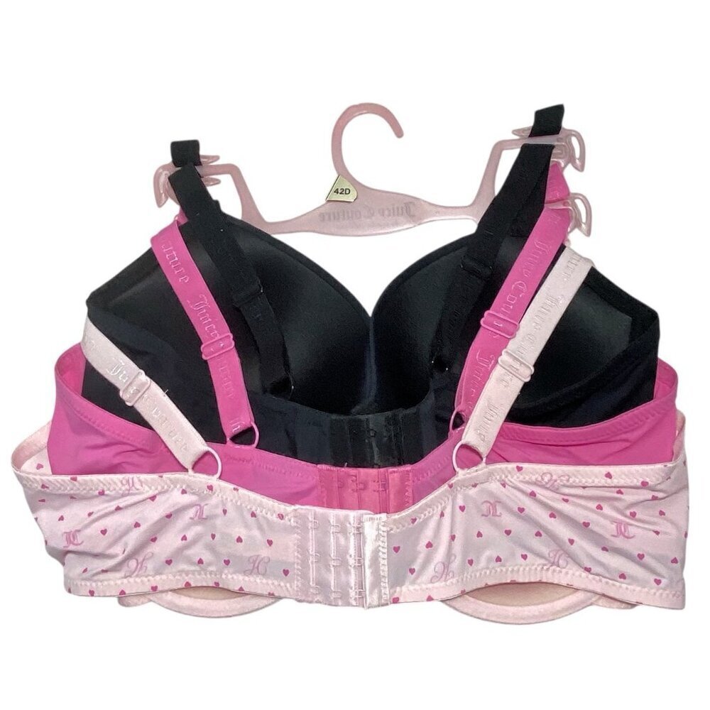 Juicy Couture Light Pink Heart Print, Solid Pink & Black 3 Pc Bra Set Size 42D - Picture 5 of 6